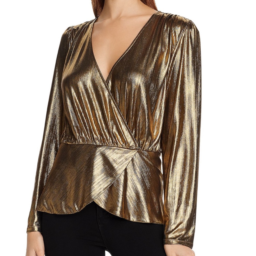 LINI | Women’s Gold Metallic Alexandra Lamé Long Sleeve Wrap Top Blouse Shirt